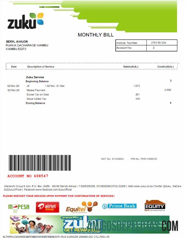 Para baixar modelo Word e PDF de fatura de serviços públicos QUÊNIA ZUKU